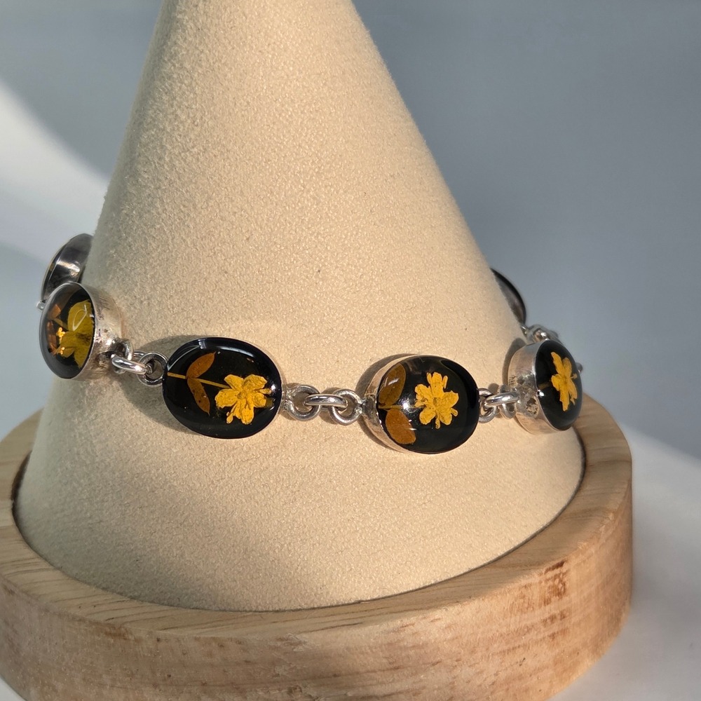 Mexican Silver Bracelet Sterling Silver Pressed Flowers Resin Links 7.5" 17.8g - Picture 3 of 9